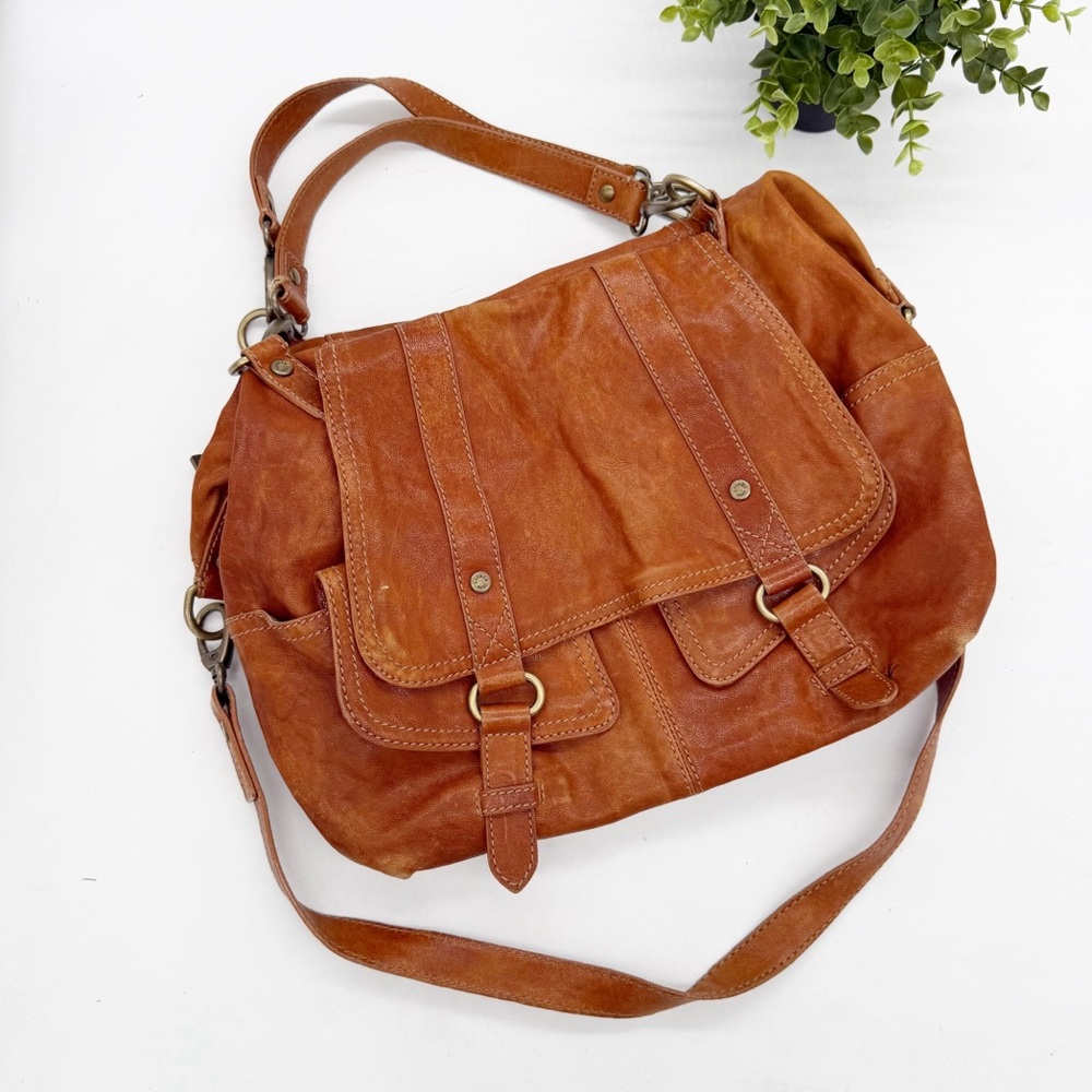 Andrew Marc Brown Leather Hobo Tote Crossbody Strap Boho Grunge Slouchy Distress